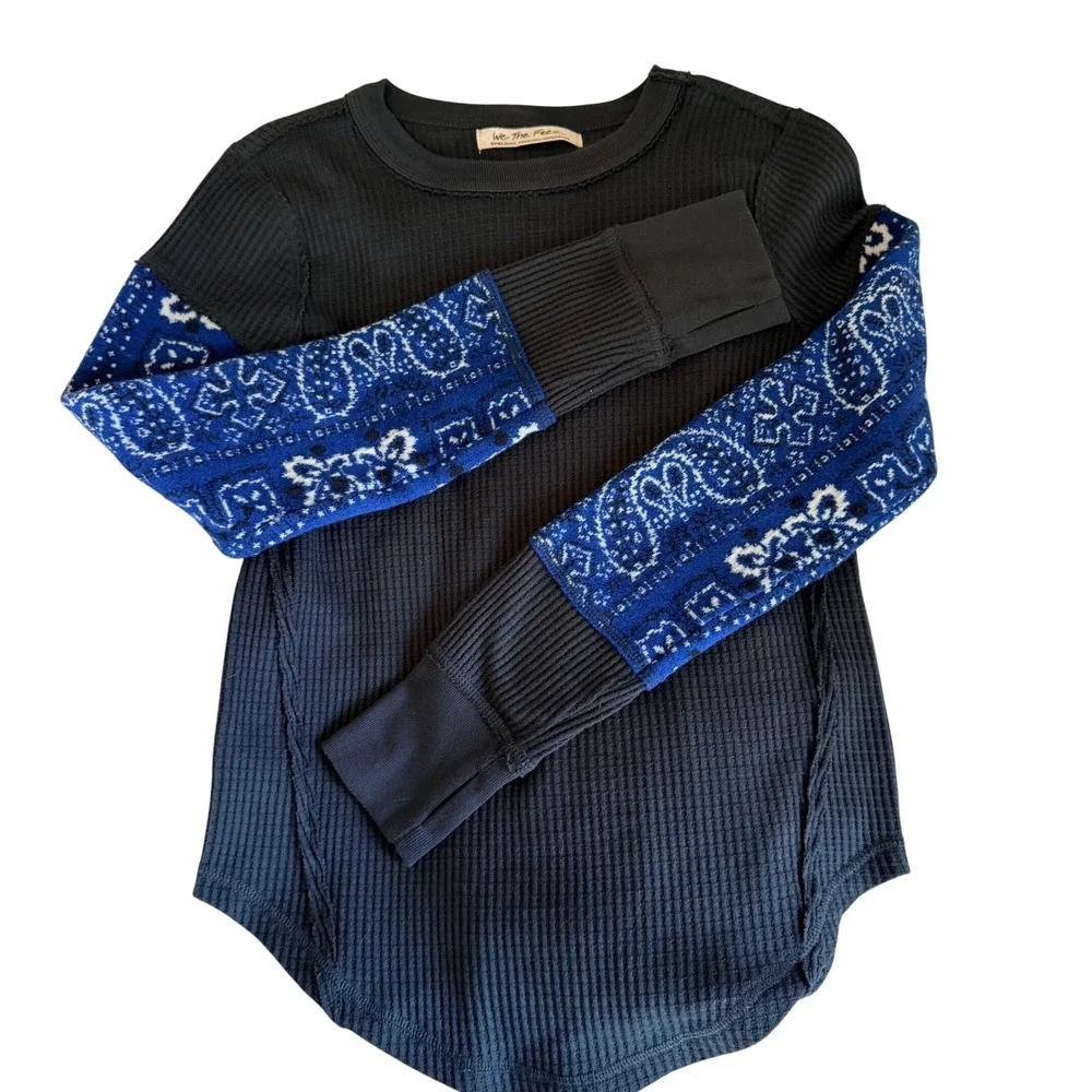 Free People We The Free Nikki Layering Top Bandana Sleeve Thermal Blue XS - Picture 5 of 11